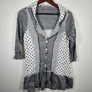 Paper Lace Mixed Media Patchwork‎ Top Size Small Geay White Polka Dot Stripes